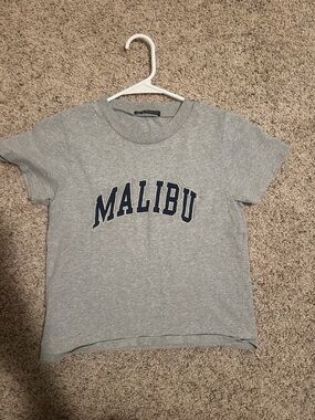 Brandy Melville Grey Tee with Navy 'Malibu' Graphic